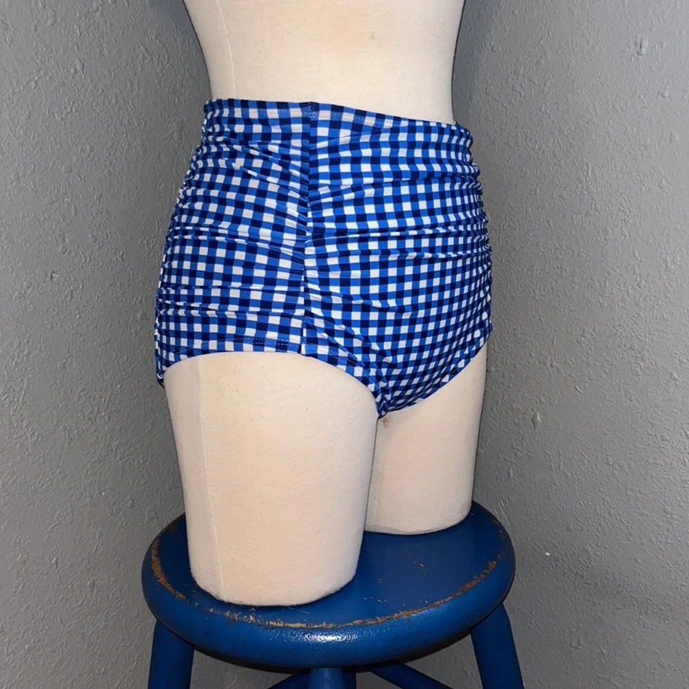 NWT $52 Lauren James High Waisted Shirred Gingham Swim Bottoms Size Small!